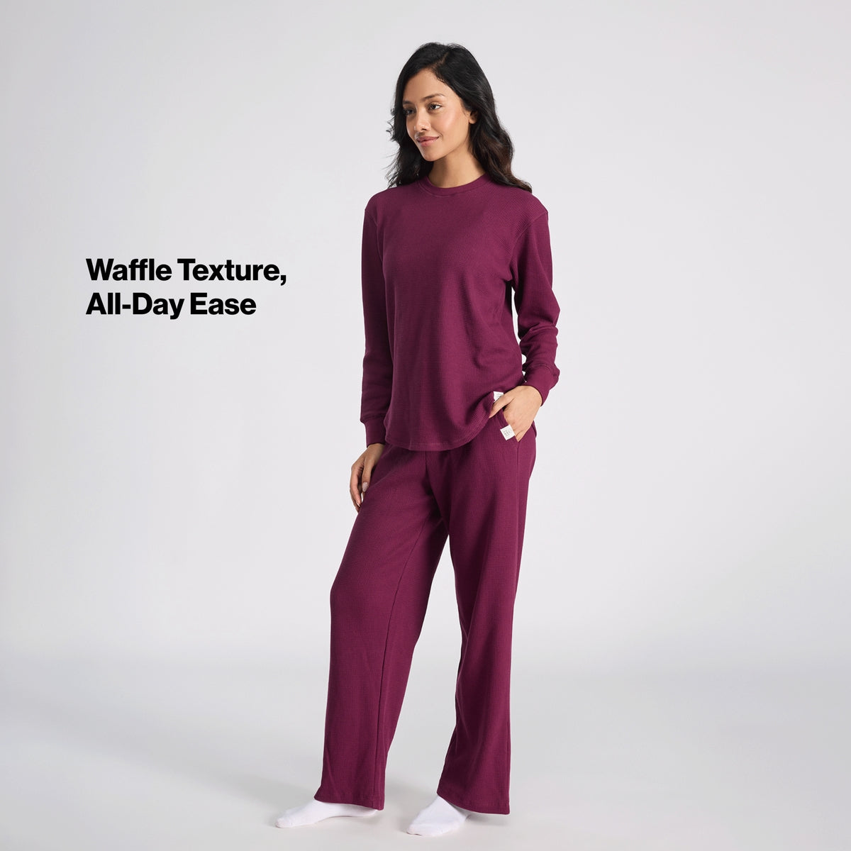 Nykd By Nykaa Waffle Pajama Set of 2 with Long Sleeved Flattering Hem Lounge Top Nys966 Wine