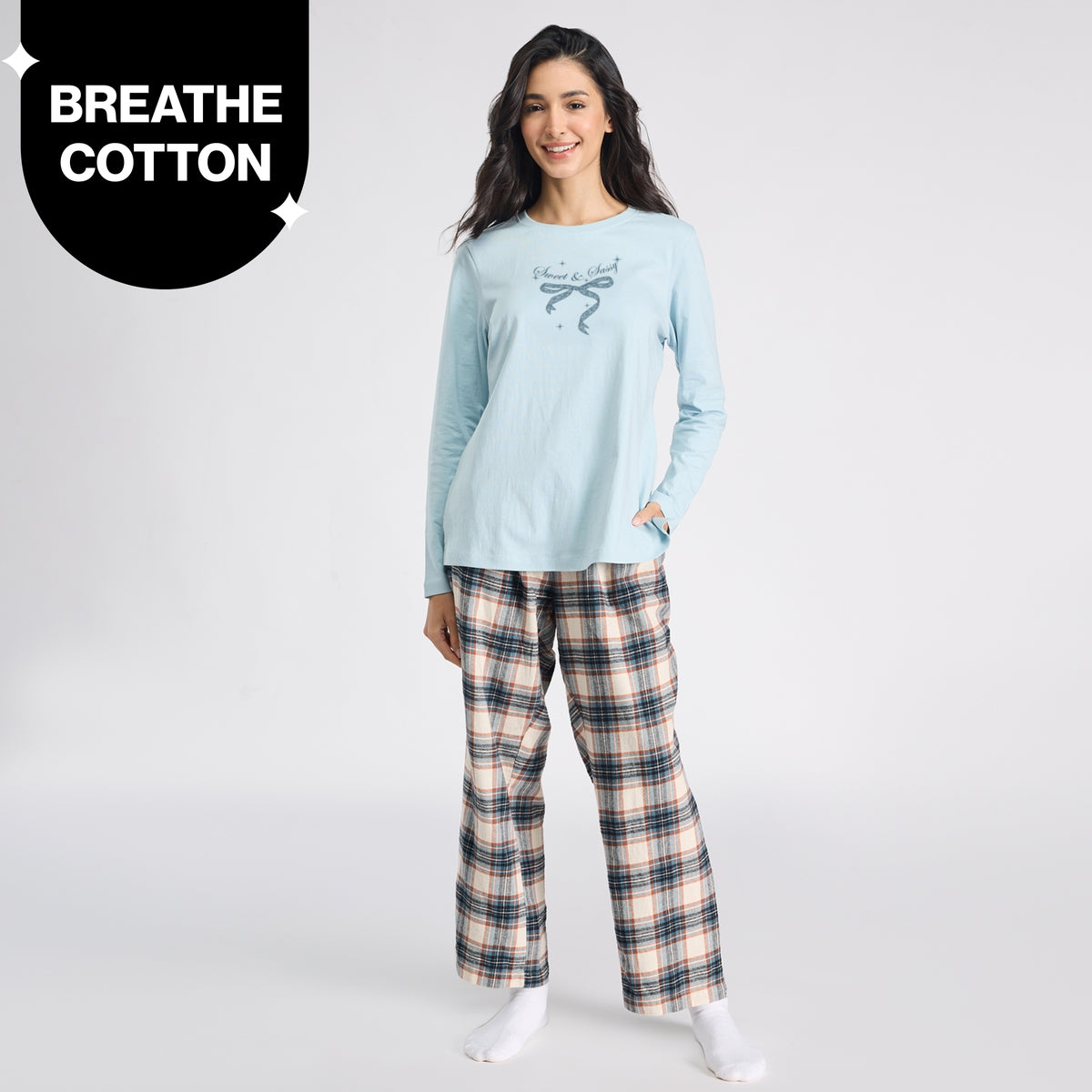Nykd by Nykaa Set of 2 100% Cotton Flannel Pyjama With Full Sleeve Graphic Tee Nys969 Blue & Cream