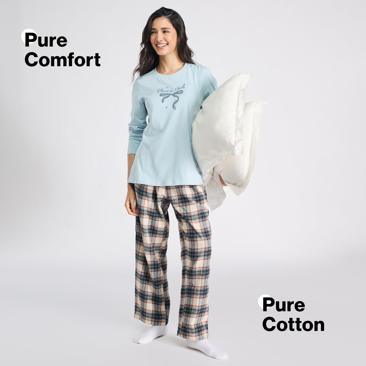 Nykd by Nykaa Set of 2 100% Cotton Flannel Pyjama With Full Sleeve Graphic Tee Nys969 Blue & Cream
