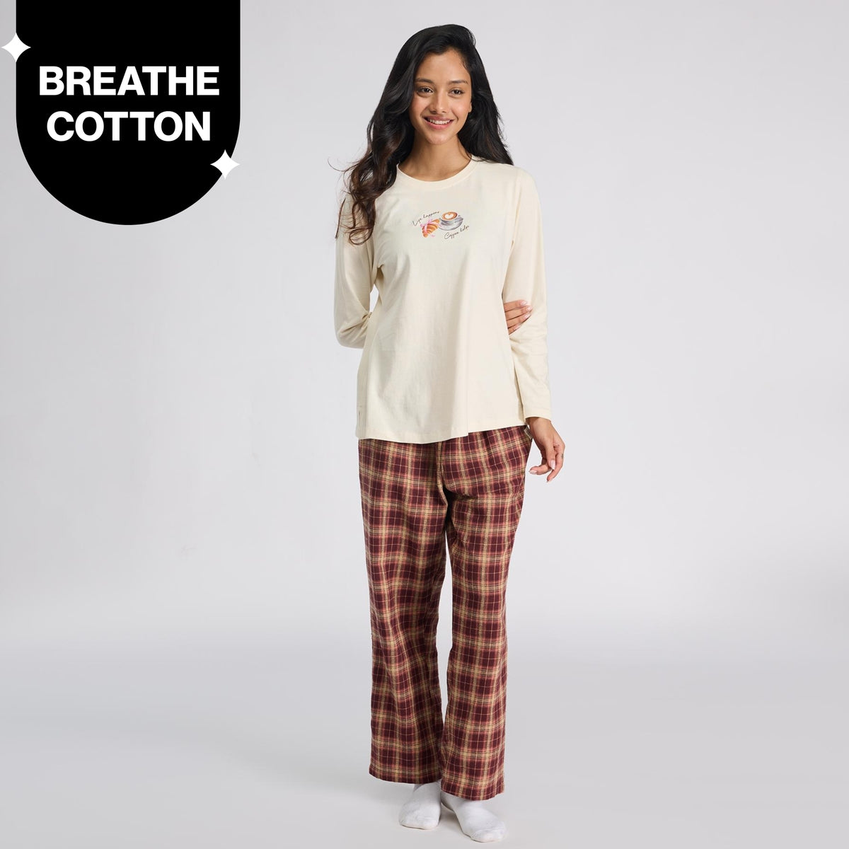 Nykd by Nykaa Set of 2 100% Cotton Flannel Pyjama With Full Sleeve Graphic Tee Nys969 Brown & Peach