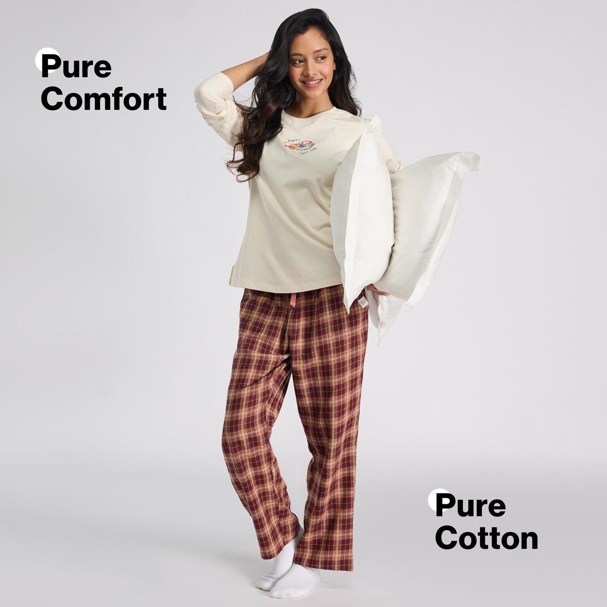 Nykd by Nykaa Set of 2 100% Cotton Flannel Pyjama With Full Sleeve Graphic Tee Nys969 Brown & Peach