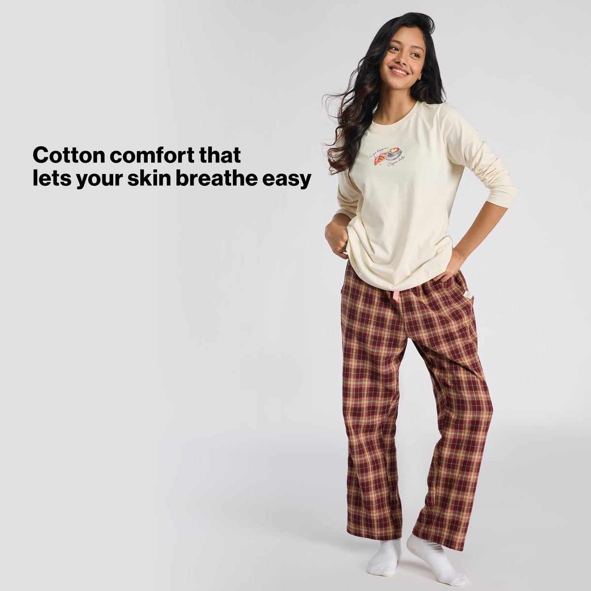 Nykd by Nykaa Set of 2 100% Cotton Flannel Pyjama With Full Sleeve Graphic Tee Nys969 Brown & Peach