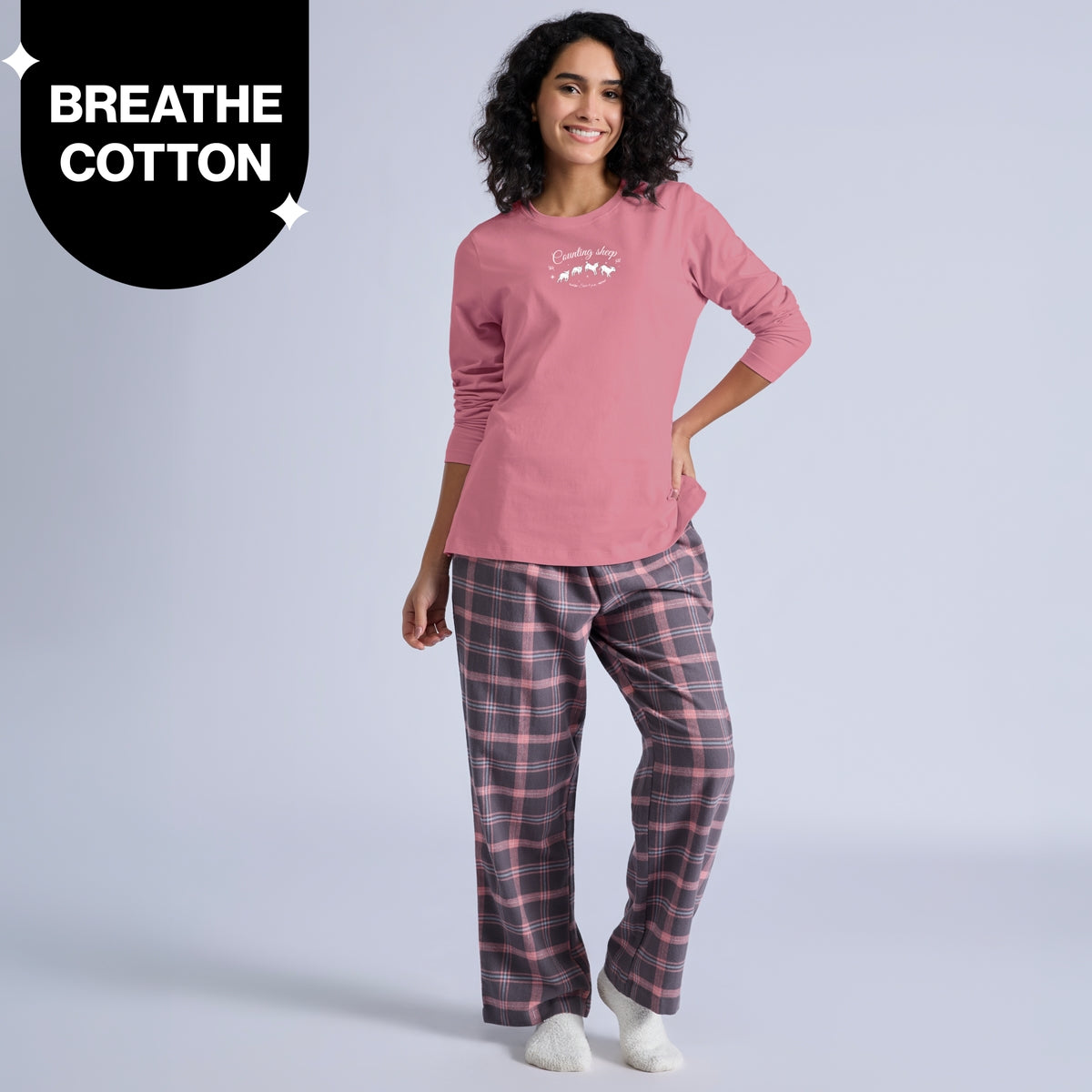 Nykd by Nykaa Set of 2 100% Cotton Flannel Pyjama With Full Sleeve Graphic Tee Nys969 Grey & Pink