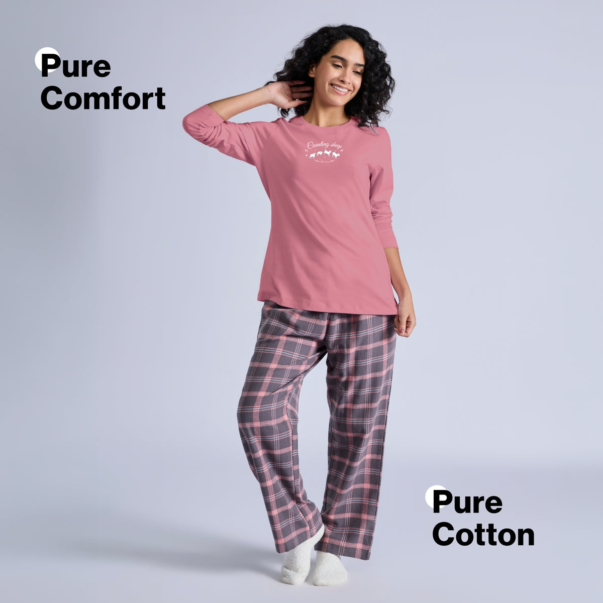 Nykd by Nykaa Set of 2 100% Cotton Flannel Pyjama With Full Sleeve Graphic Tee Nys969 Grey & Pink