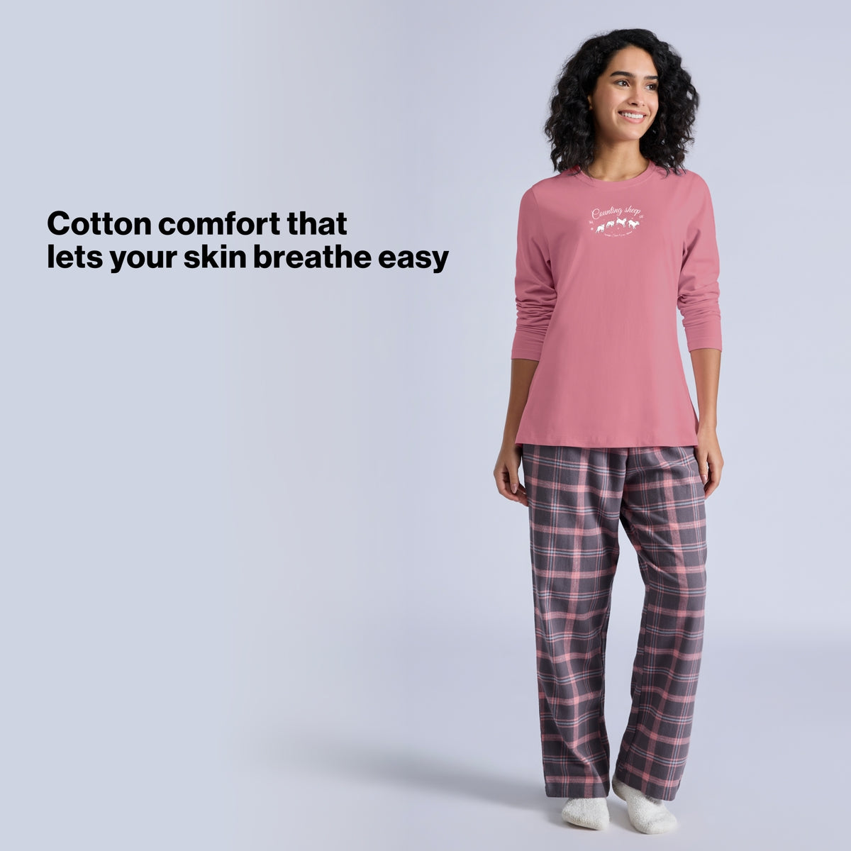 Nykd by Nykaa Set of 2 100% Cotton Flannel Pyjama With Full Sleeve Graphic Tee Nys969 Grey & Pink