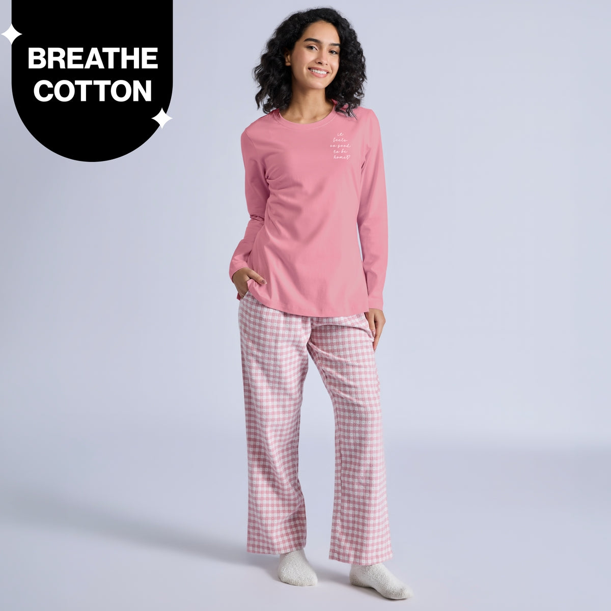 Nykd by Nykaa Set of 2 100% Cotton Flannel Pyjama With Full Sleeve Graphic Tee Nys969 Pink & White
