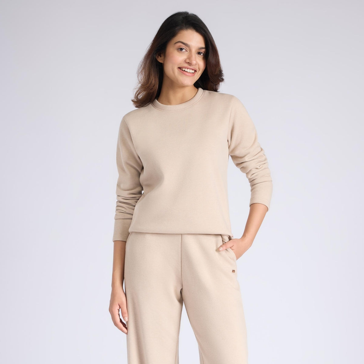Nykd By Nykaa Fuzzy-soft Full Sleeve Warm Rib Textured Top With Flattering Hem Nys976 Oatmeal