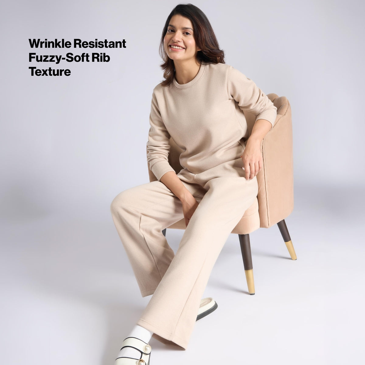 Nykd By Nykaa Fuzzy-soft Full Sleeve Warm Rib Textured Top With Flattering Hem Nys976 Oatmeal