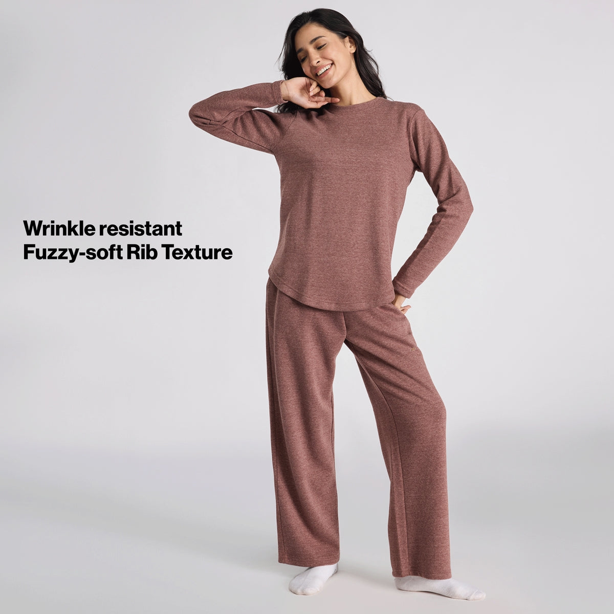 Nykd By Nykaa Fuzzy-soft Wide Leg Warm Rib Textured Pants With Pockets & Adjustable Waistband Nys977 Brown
