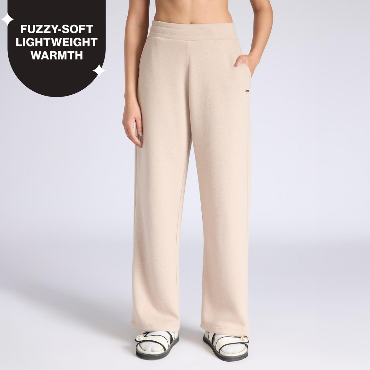 Nykd By Nykaa Fuzzy-soft Wide Leg Warm Rib Textured Pants With Pockets & Adjustable Waistband Nys977 Oatmeal
