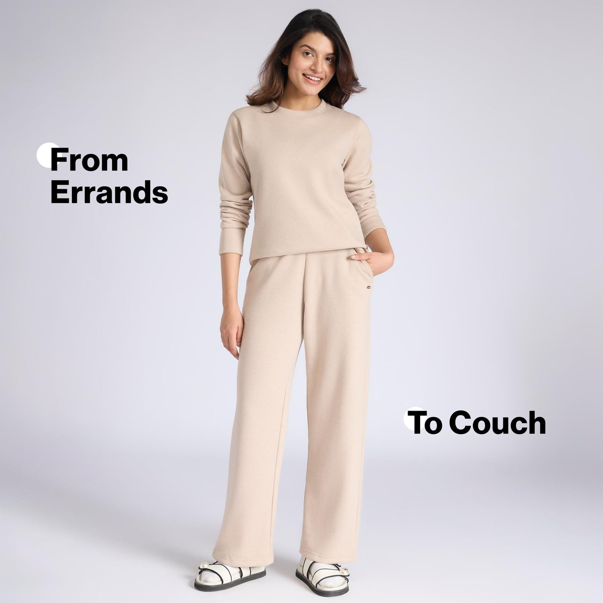 Nykd By Nykaa Fuzzy-soft Wide Leg Warm Rib Textured Pants With Pockets & Adjustable Waistband Nys977 Oatmeal