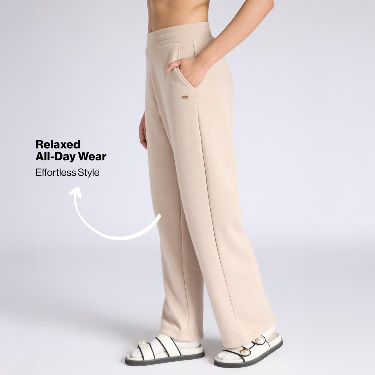 Nykd By Nykaa Fuzzy-soft Wide Leg Warm Rib Textured Pants With Pockets & Adjustable Waistband Nys977 Oatmeal