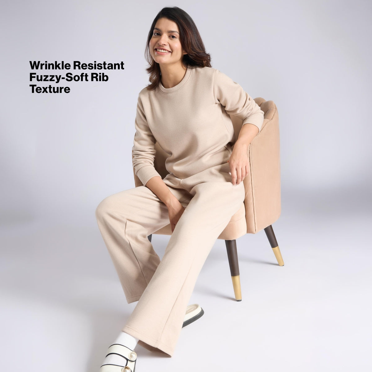 Nykd By Nykaa Fuzzy-soft Wide Leg Warm Rib Textured Pants With Pockets & Adjustable Waistband Nys977 Oatmeal
