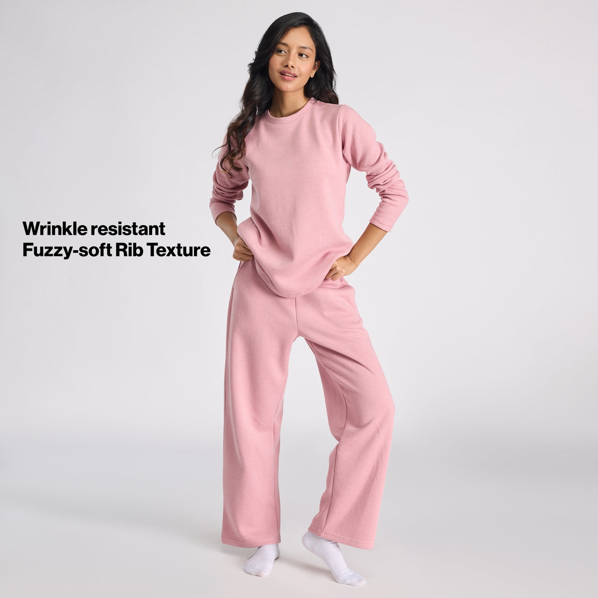 Nykd By Nykaa Fuzzy-soft Wide Leg Warm Rib Textured Pants With Pockets & Adjustable Waistband Nys977 Pink