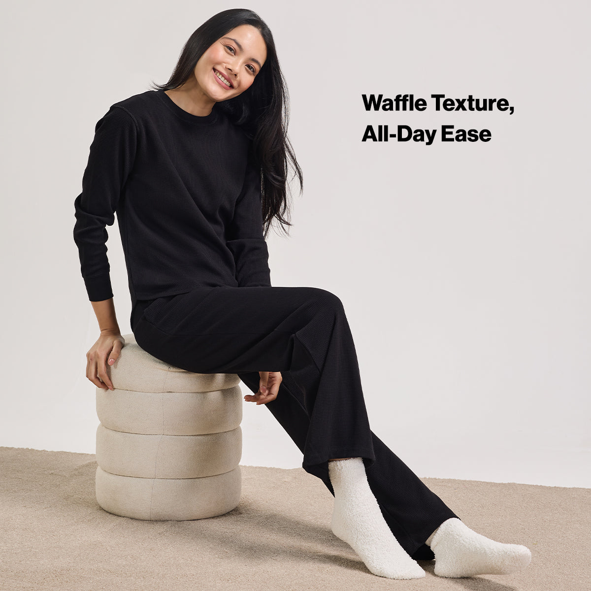 Waffle Lounge Pajamas in Flattering Fit-NYS501-Jet Black