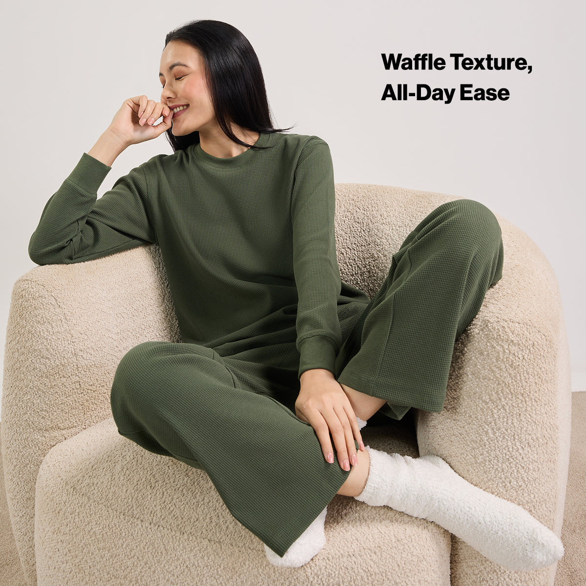 Nykd By Nykaa Women’S Waffle Ease Lounge Pyjamas-Relaxed Fit Nightwear NYS501-Olive