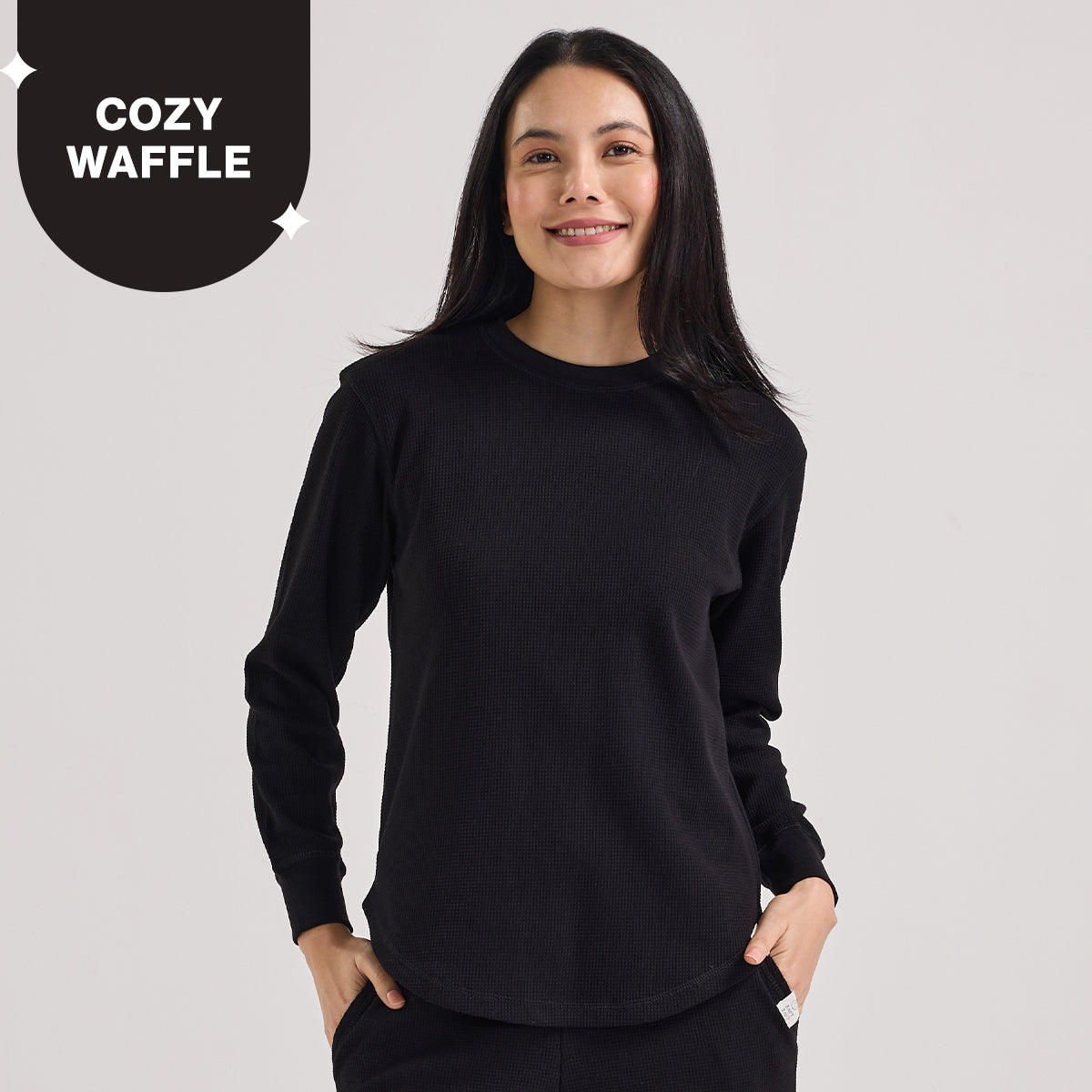 Waffle Lounge Tee with Flattering Hem & Full Sleeves-NYS803-Jet Black