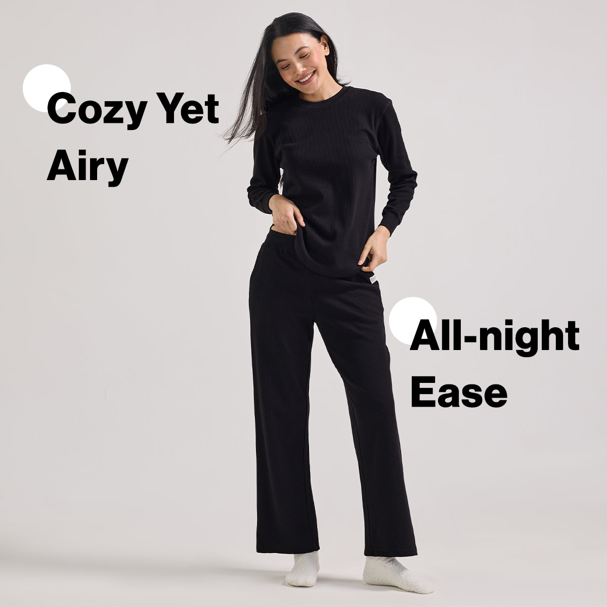 Waffle Lounge Tee with Flattering Hem & Full Sleeves-NYS803-Jet Black