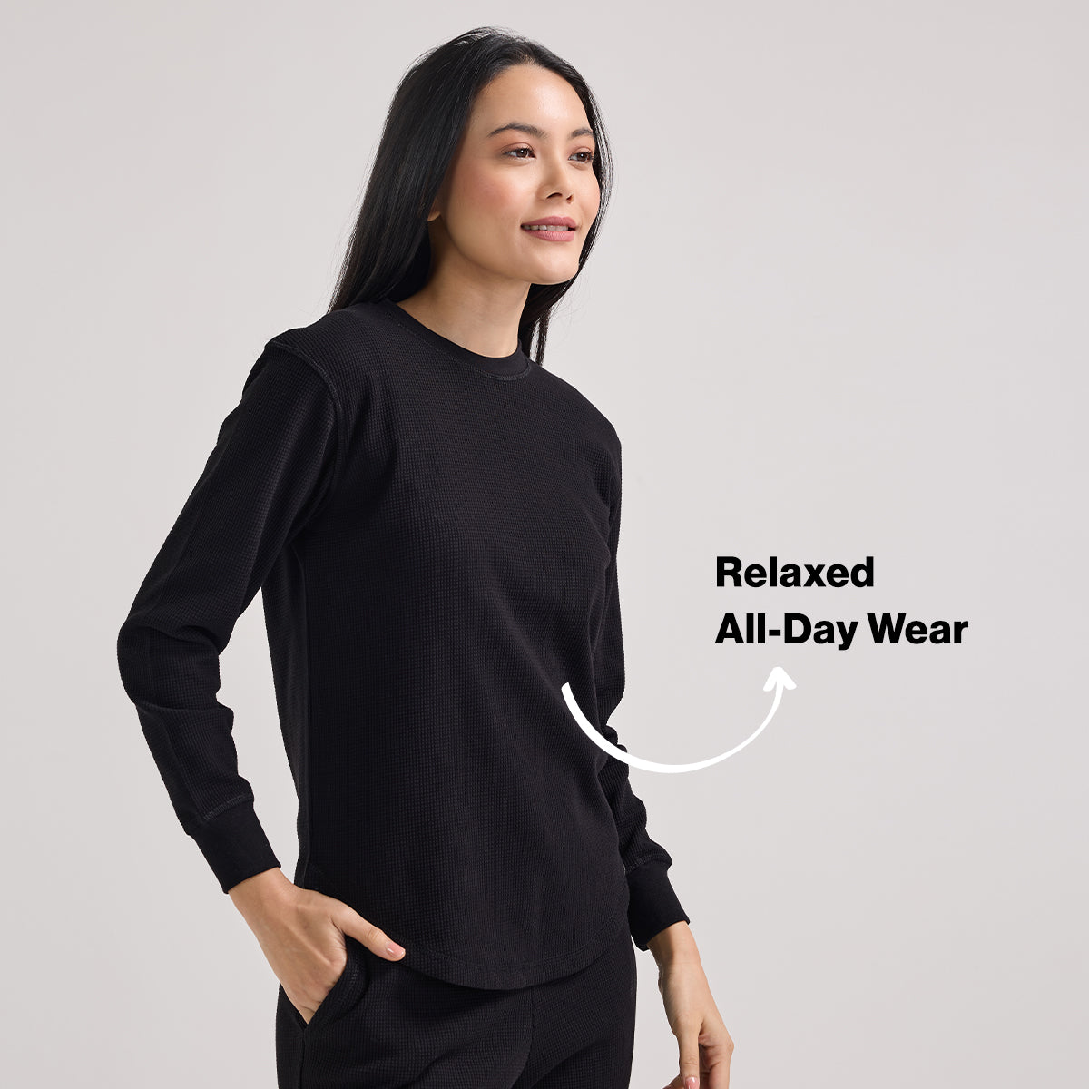 Waffle Lounge Tee with Flattering Hem & Full Sleeves-NYS803-Jet Black