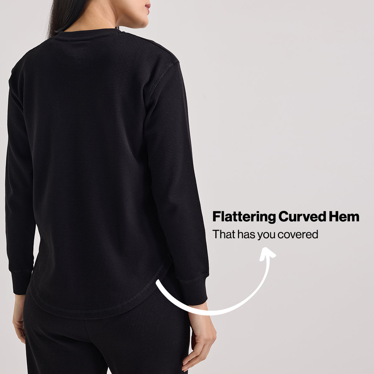 Waffle Lounge Tee with Flattering Hem & Full Sleeves-NYS803-Jet Black