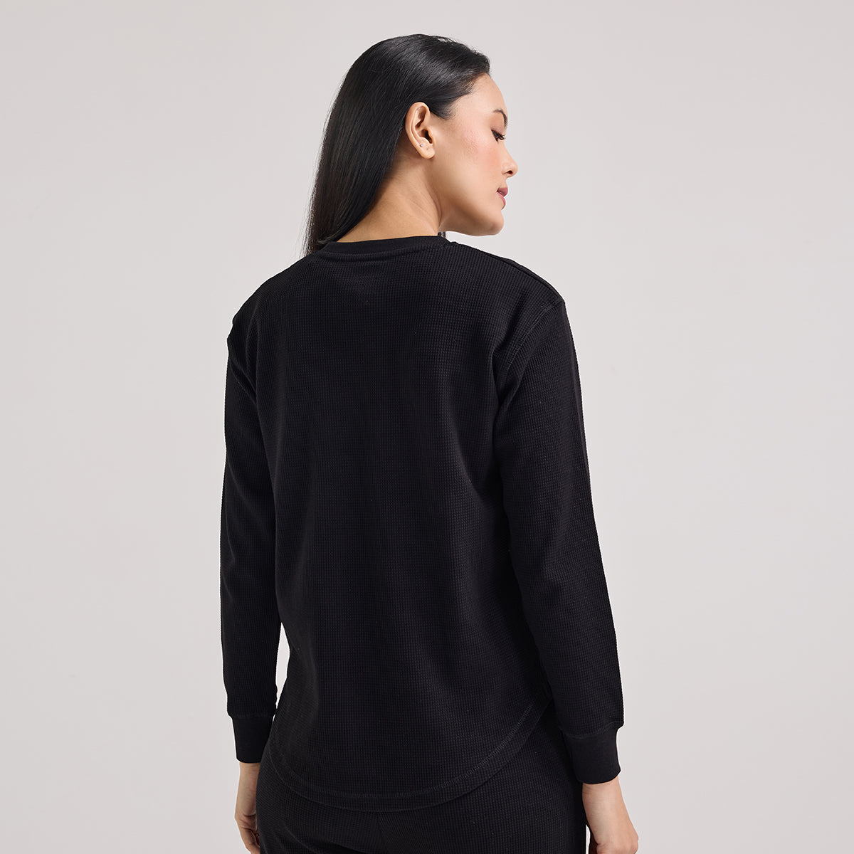 Waffle Lounge Tee with Flattering Hem & Full Sleeves-NYS803-Jet Black