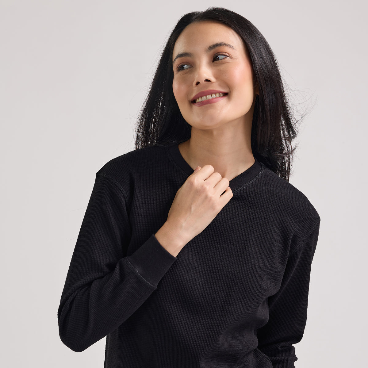 Waffle Lounge Tee with Flattering Hem & Full Sleeves-NYS803-Jet Black