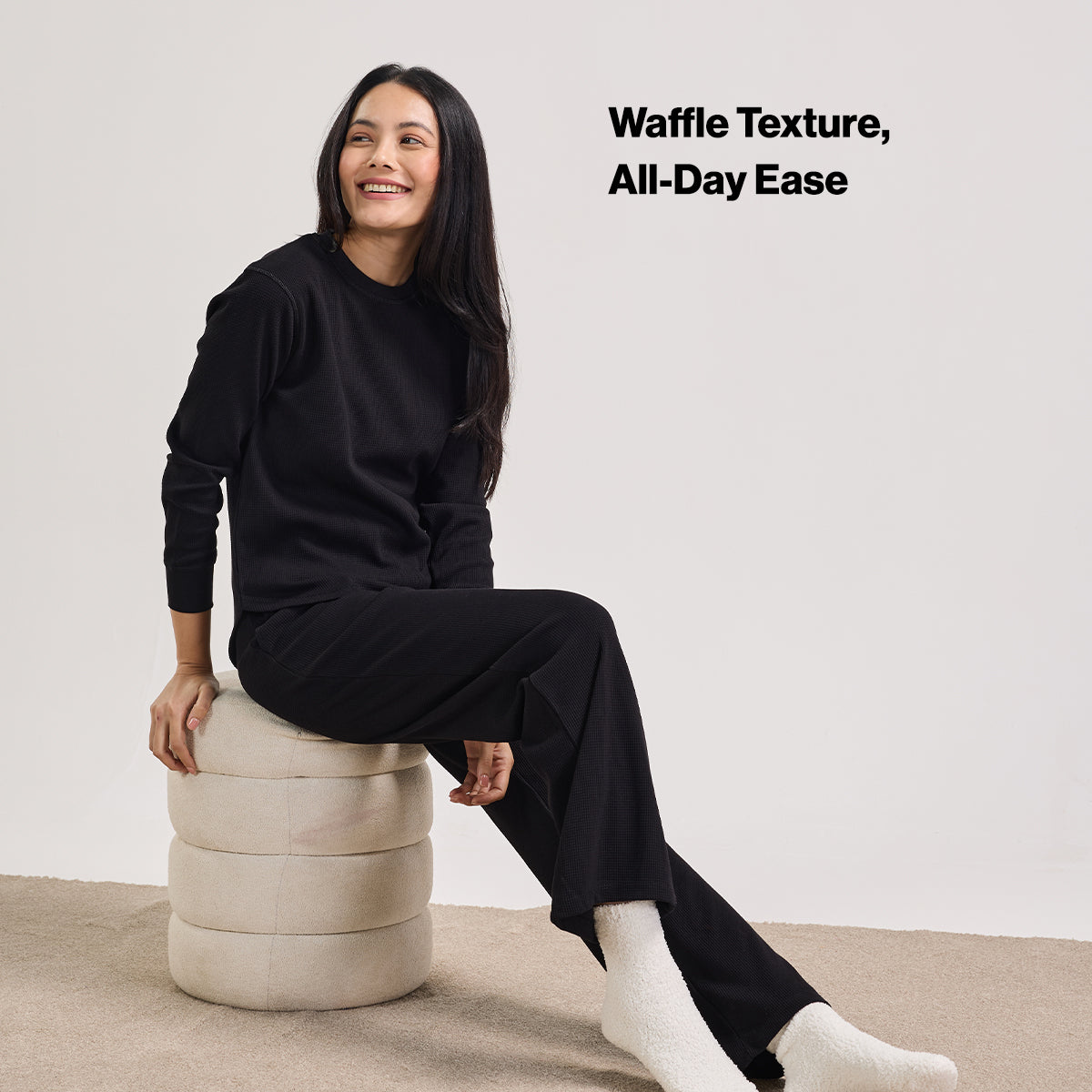 Waffle Lounge Tee with Flattering Hem & Full Sleeves-NYS803-Jet Black