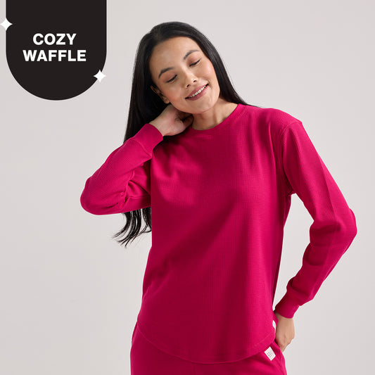 Waffle Lounge Tee with Flattering Hem & Full Sleeves-NYS803-Pink