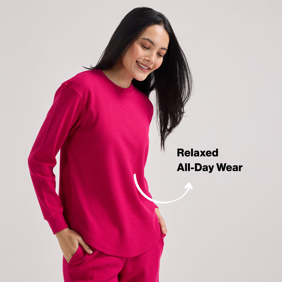 Waffle Lounge Tee with Flattering Hem & Full Sleeves-NYS803-Pink