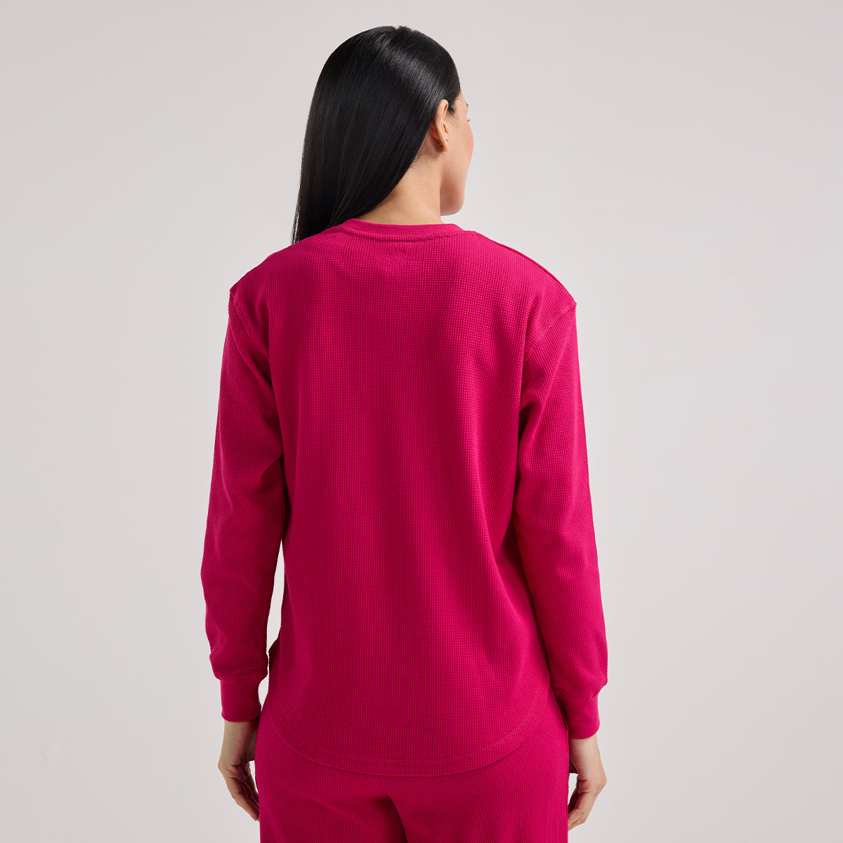Waffle Lounge Tee with Flattering Hem & Full Sleeves-NYS803-Pink