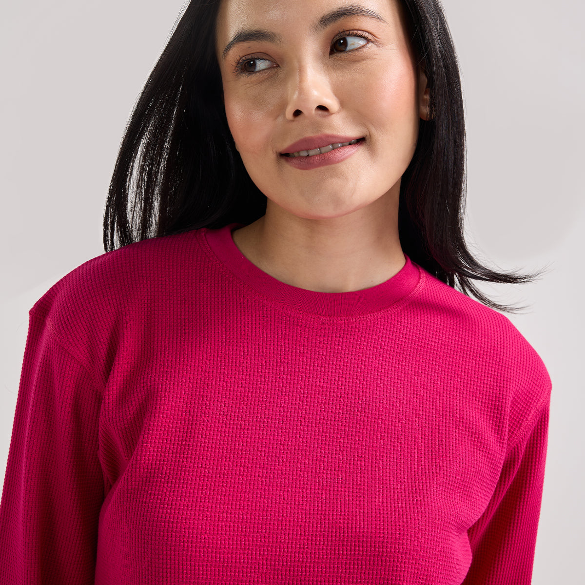 Waffle Lounge Tee with Flattering Hem & Full Sleeves-NYS803-Pink