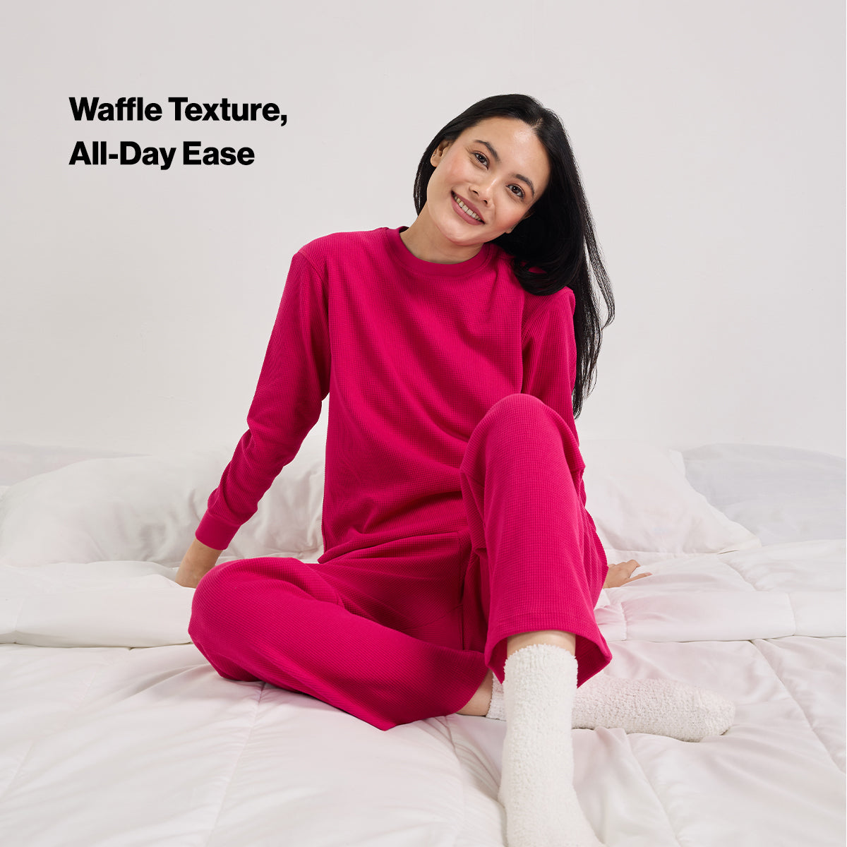 Waffle Lounge Tee with Flattering Hem & Full Sleeves-NYS803-Pink