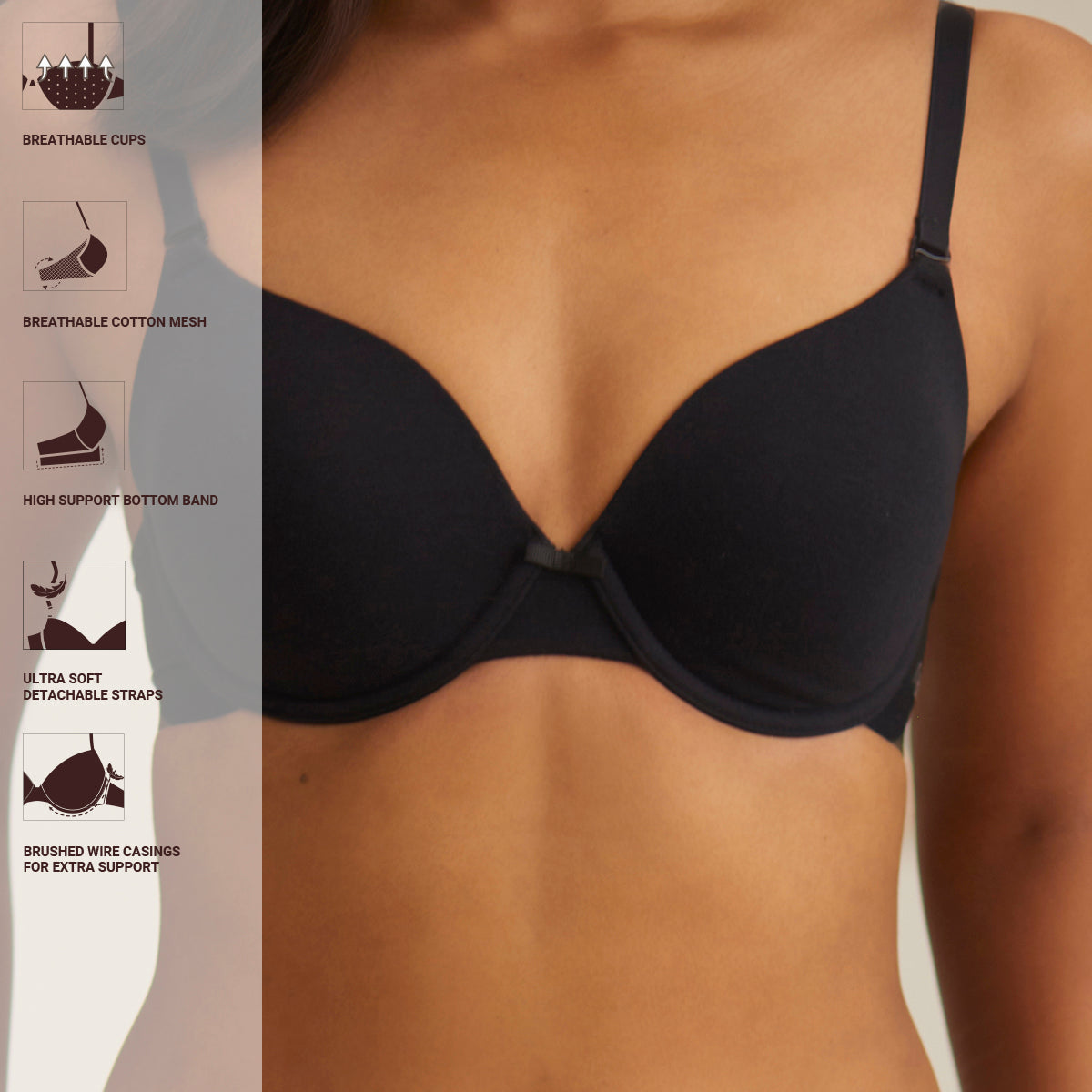 Breathe Cotton Padded wired T-shirt bra 3/4th coverage - Black NYB001