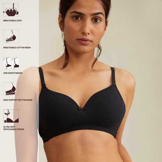 Nykd by Nykaa Breathe Cotton Padded Wired Push Up level-2 Bra Demi Coverage  - Black NYB005