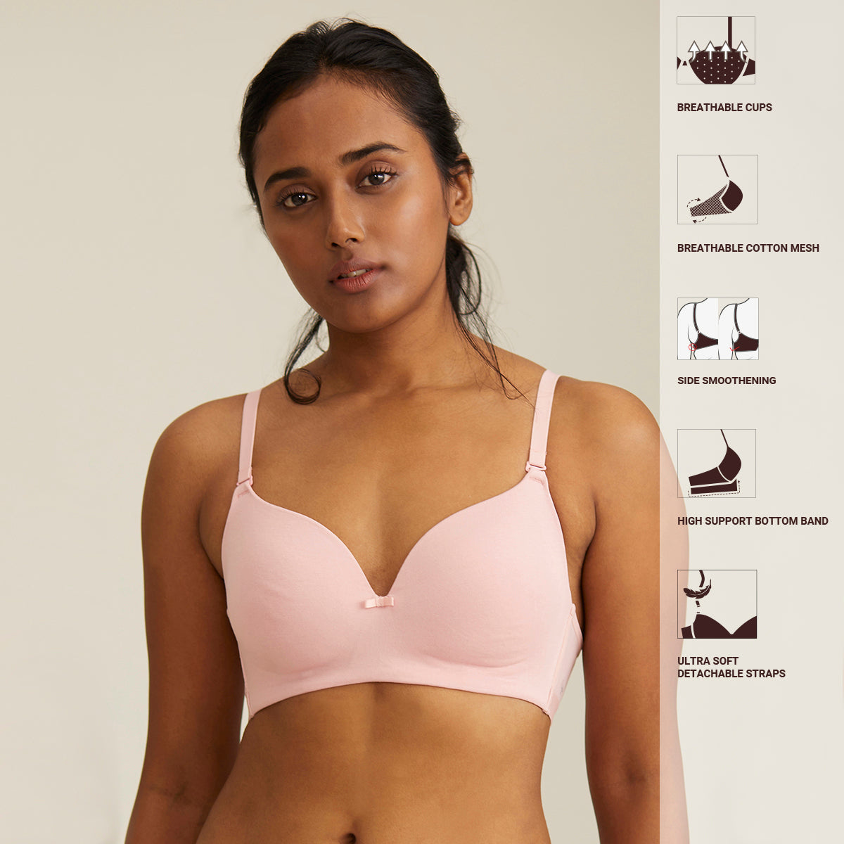 Breathe Cotton Padded wireless T-shirt bra 3/4th coverage - Pink NYB00 –  Nykd by Nykaa