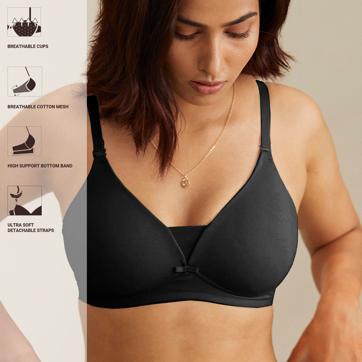 She wears Wirefree Non-Padded T-Shirt Bra Panty Set with Detachable  Transparent Straps for Women/Girls.