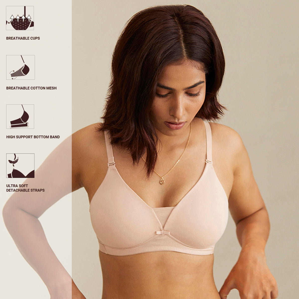 Breathe Cotton Padded wireless Triangle T-shirt bra 3/4th coverage - Nude NYB003