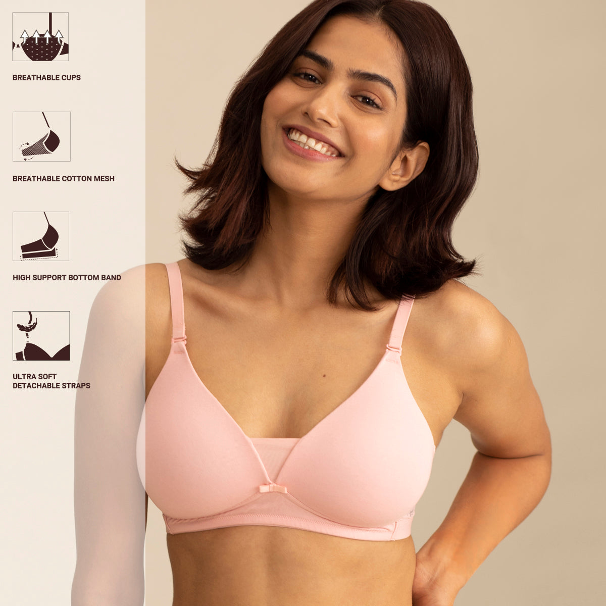 Breathe Cotton Padded wireless Triangle T-shirt bra 3/4th coverage - Pink NYB003