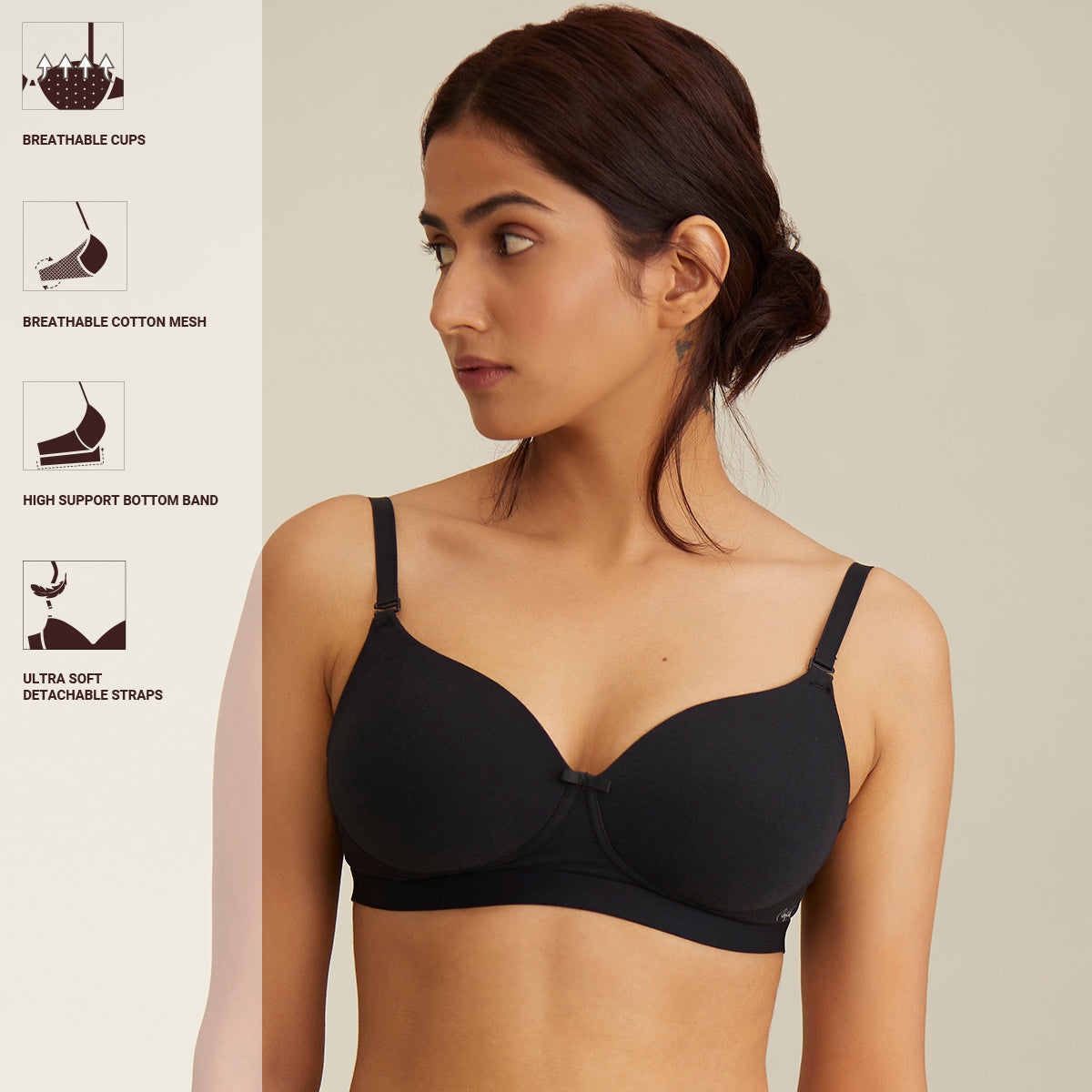 Nykd By Nykaa Breathe Cotton Padded wireless Transparent back bra 3/4th coverage Black NYB007