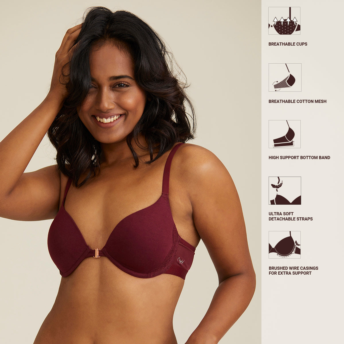 Lace Padded wired Push up front open bra Demi coverage - Maroon NYB019