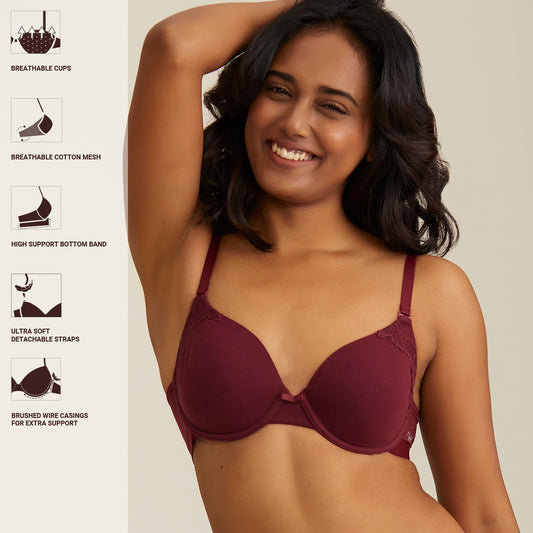 Breathe Lace Padded wired T-shirt bra 3/4th coverage - Maroon NYB020