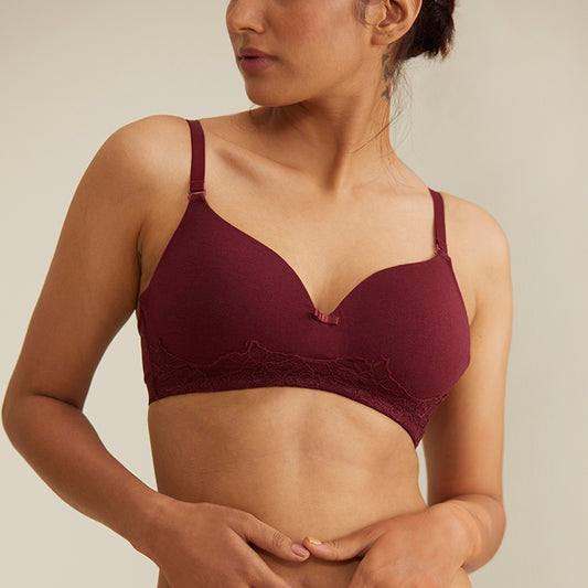 Breathe Lace Padded wireless T-shirt bra 3/4th coverage - Maroon NYB022