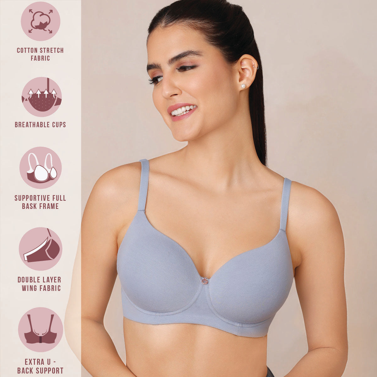 NYKD Women's Cotton Non-Padded Wire Free Full Coverage Bra, Maroon