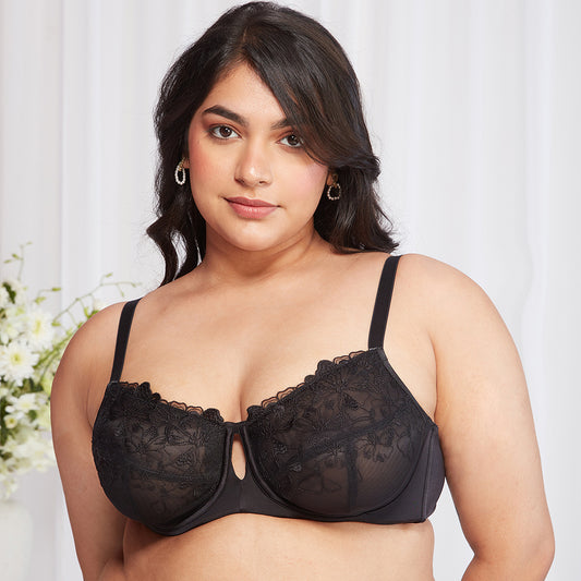 Floral Mesh Underwired Non-padded Lace Bra-Black NYB221