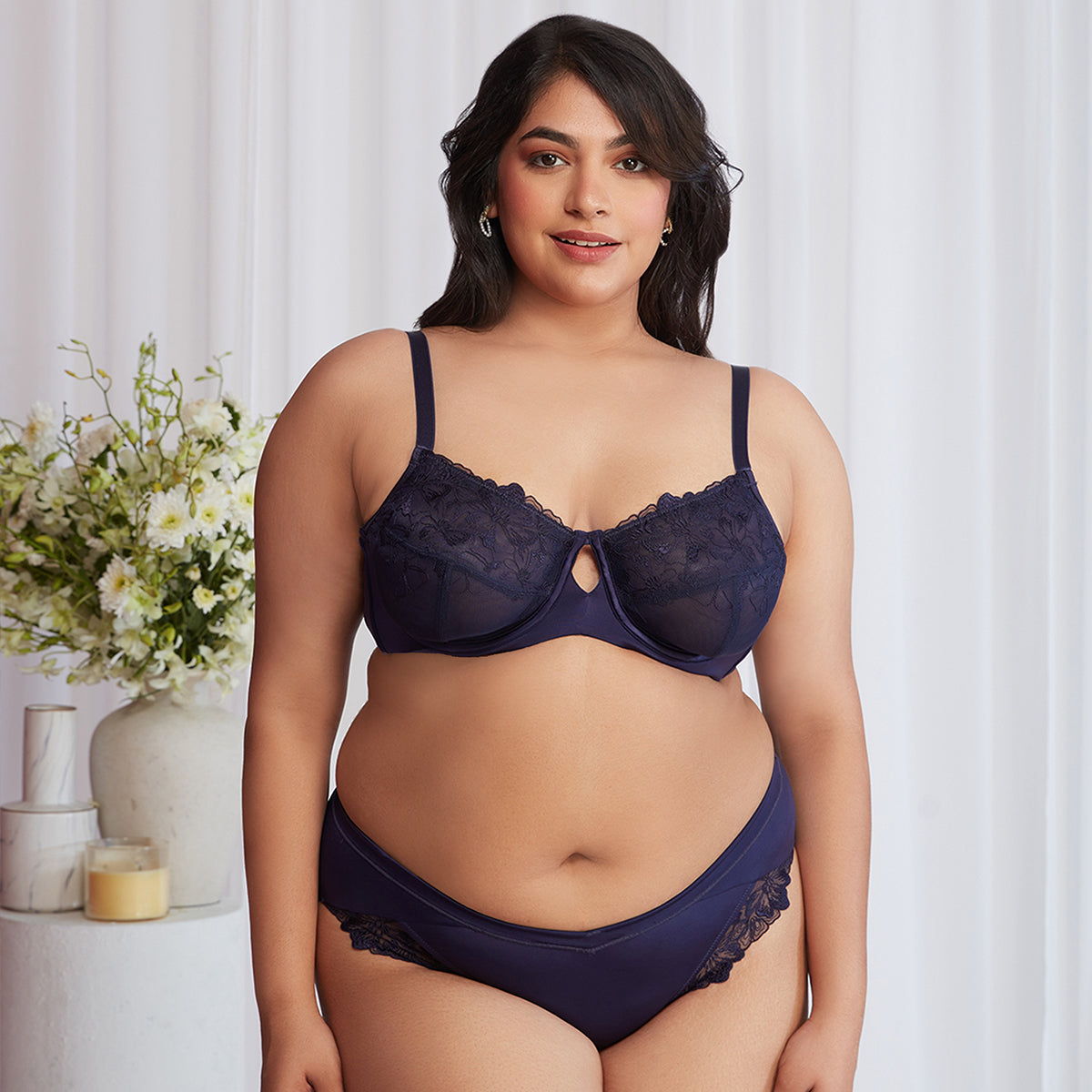 Floral Mesh Underwired Non-padded Lace Bra-Navy NYB221