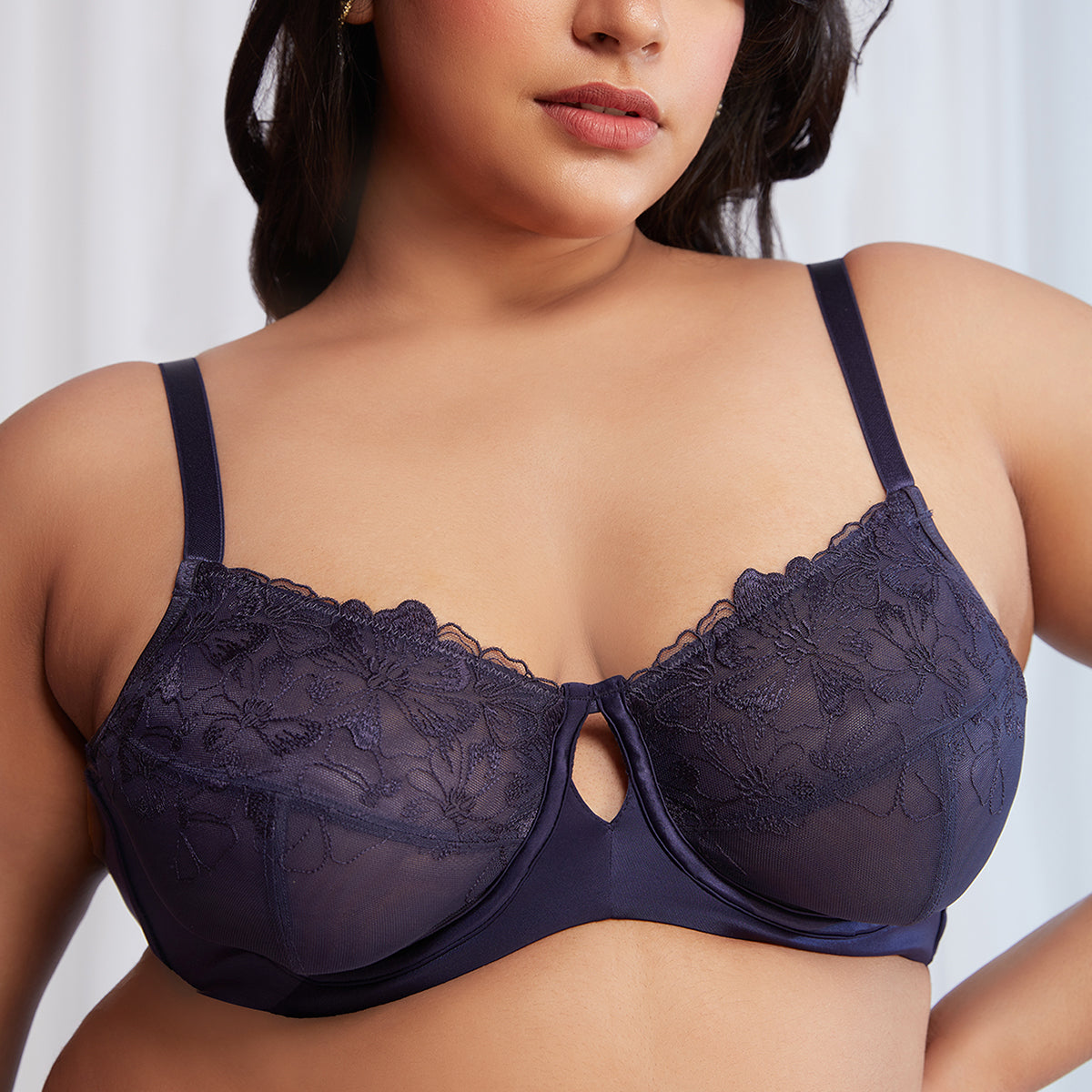 Nykd By Nykaa Floral Mesh Underwired Non-padded Lace Bra-Navy NYB221