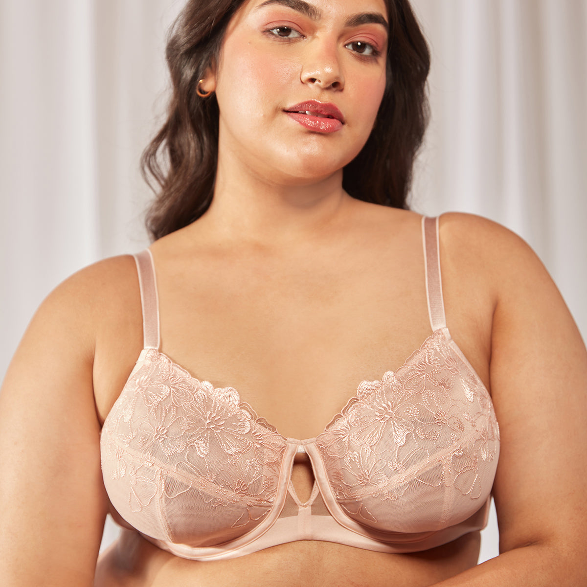 Floral Mesh Underwired Non-padded Lace Bra-Peach NYB221