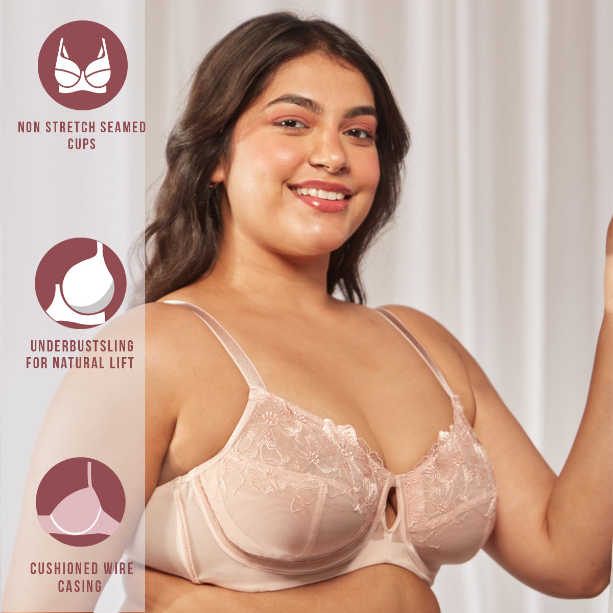 Nykd By Nykaa Floral Mesh Underwired Non-padded Lace Bra-Peach NYB221