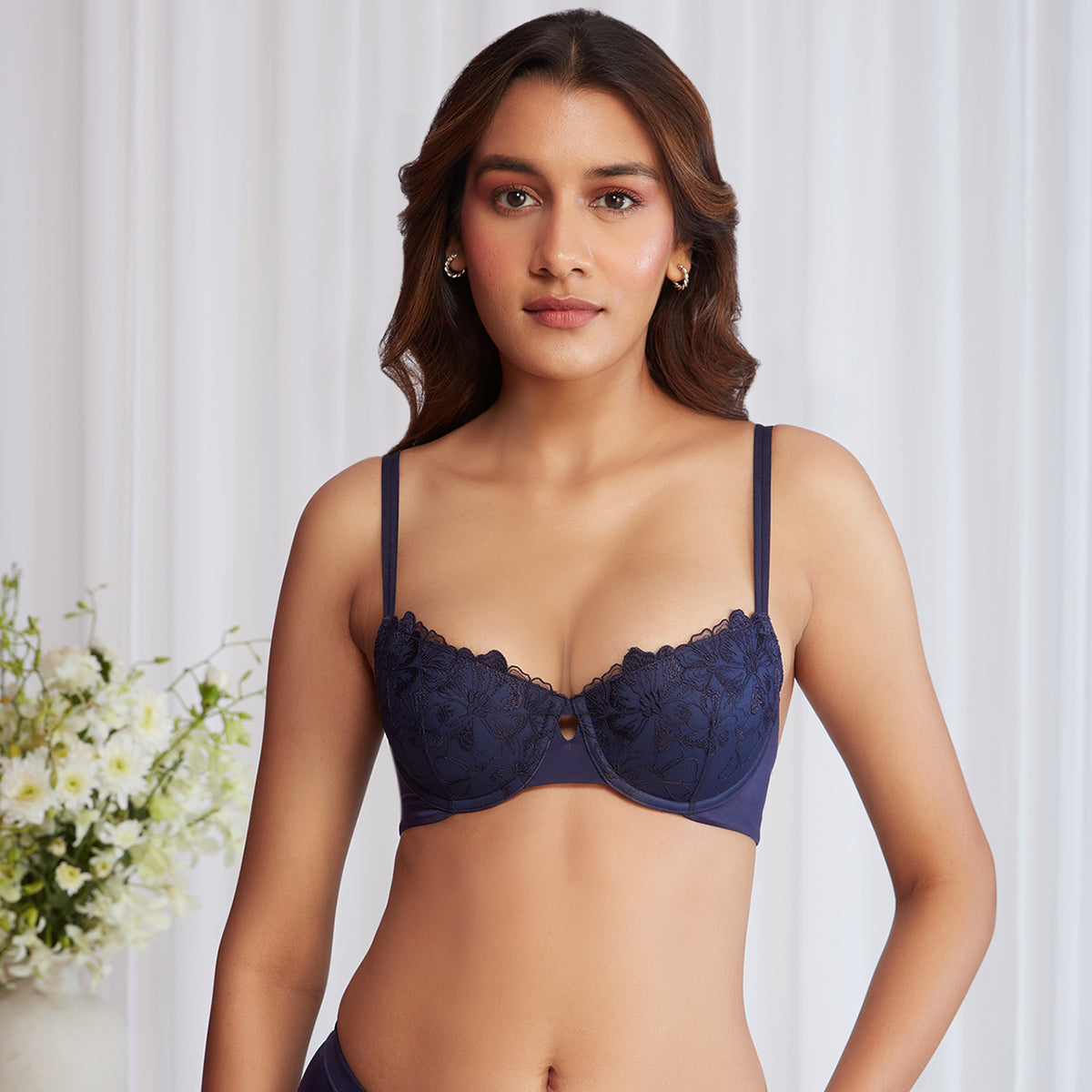 Balconette Padded Wired Lace Bra-Navy NYB222