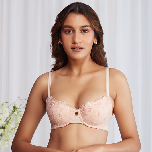 Balconette Padded Wired Lace Bra-Peach NYB222